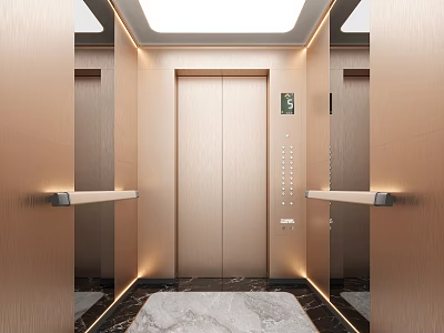 Elegant Elevator Interior Featuring Gold Paneling Marble Floor Control Panel Handrails And Soft Lighting 3d model