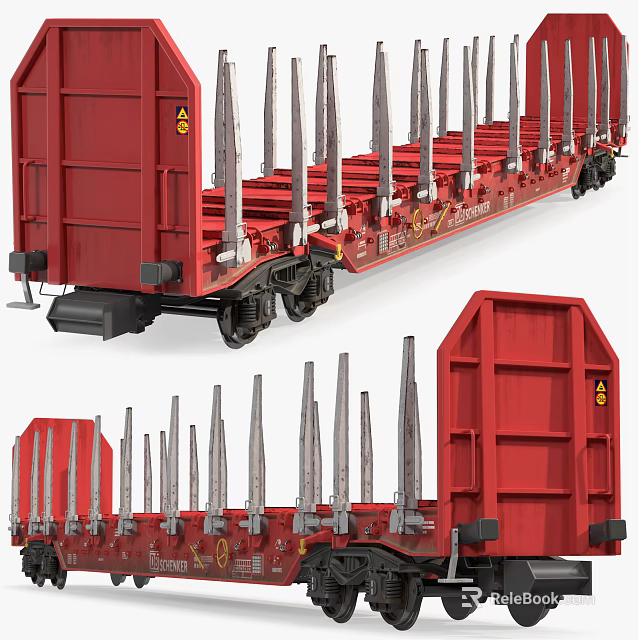 Red Industrial Train Carriage Transporting Long Metal Poles In Open Structure 3d model 