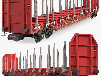 Red Industrial Train Carriage Transporting Long Metal Poles In Open Structure 3d model