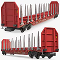 Red Industrial Train Carriage Transporting Long Metal Poles In Open Structure