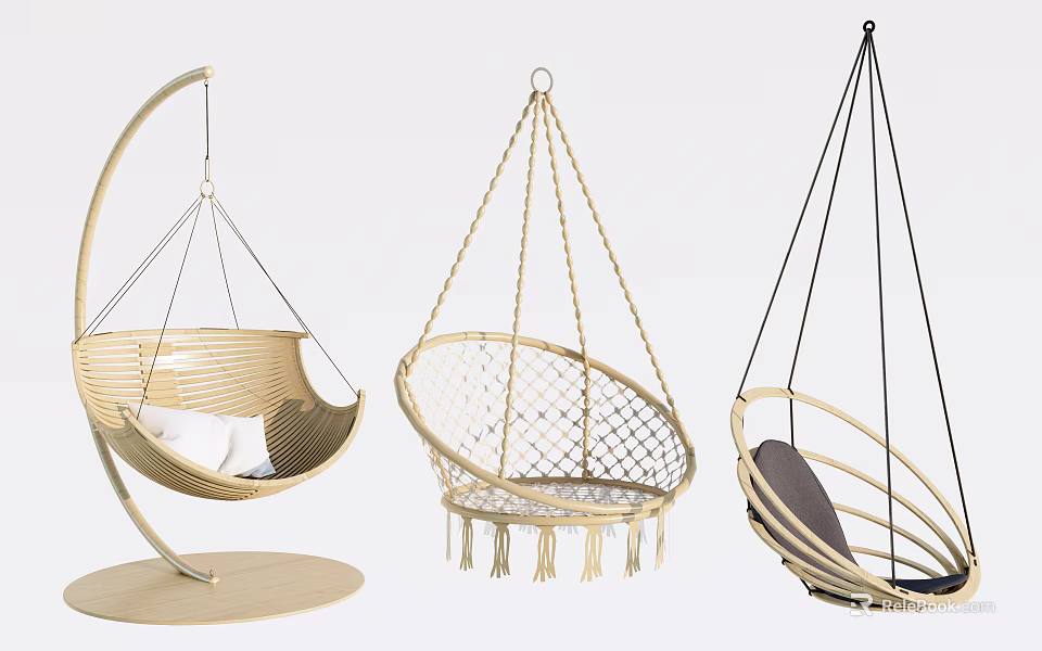 Modern Woven Hanging Chairs With Various Designs Stand And Tassel Details 3d model 