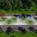 Garden Features With Grid Patterned Paving Green Lawn And Trees For Pedestrians 3d model