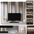 Elegant TV Stand With Flat Screen TV Decorative Vase Striped Wall And Glass Door Bookshelf