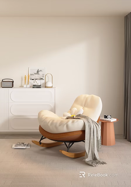 Cream Single Sofa With Brown Base Grey Blanket And Camera On Small Side Table 3d model 