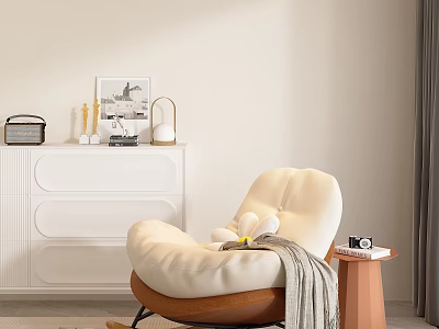 Cream Single Sofa With Brown Base Grey Blanket And Camera On Small Side Table 3d model