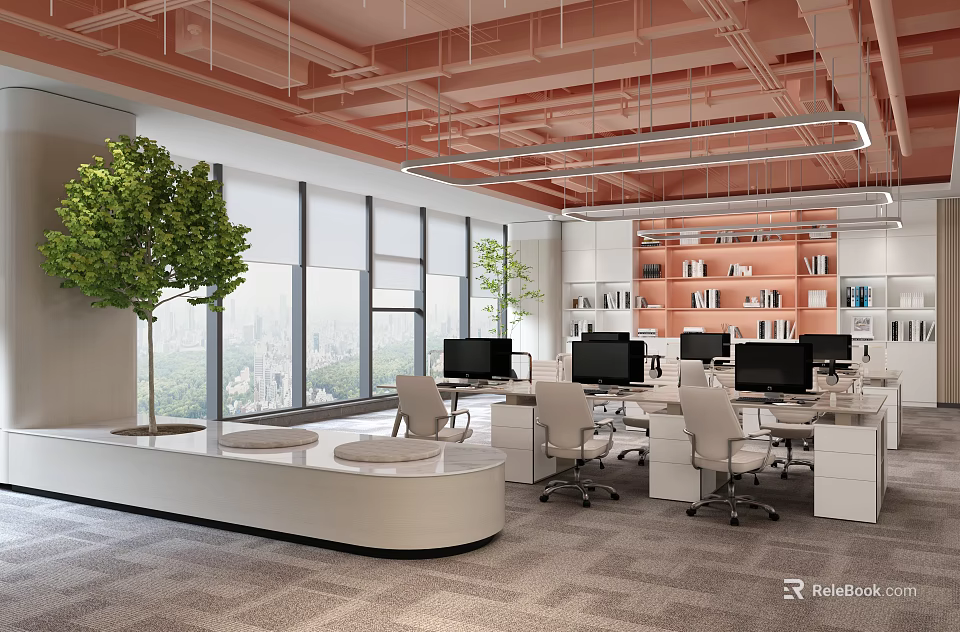 Bright Modern Office Interior Design With Orange Ceiling Large Windows Green Plants Desks And Bookshelves 3d model 