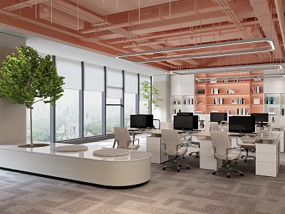 Bright Modern Office Interior Design With Orange Ceiling Large Windows Green Plants Desks And Bookshelves 3d model