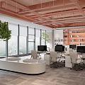 Bright Modern Office Interior Design With Orange Ceiling Large Windows Green Plants Desks And Bookshelves