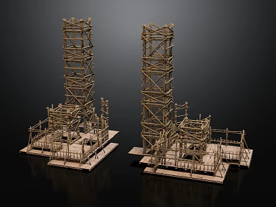 Two Detailed Wooden Construction Scaffolding Models With Multi level Frame Structures And Base Platforms 3d model