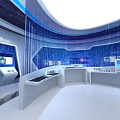 Modern Technology Exhibition Space With Circular Platform Blue Lighting And Digital Screens