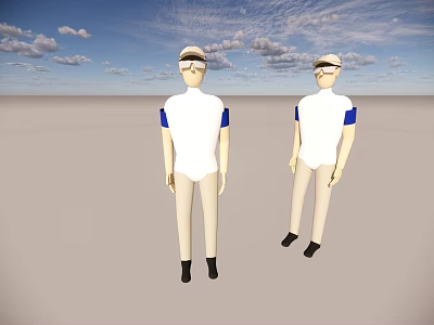 Two Men In White Shirts With Blue Sleeves Beige Pants Black Shoes And Glasses Standing On Open Gray Ground Under Blue Sky With Clouds 3d model