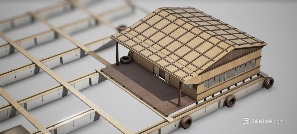 Small Portable Wooden Roof Cabin Structure With Wheels On Metal Frame 3d model 