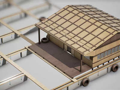Small Portable Wooden Roof Cabin Structure With Wheels On Metal Frame 3d model