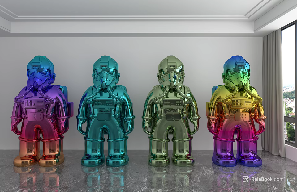Colorful Chrome Plated Robot Shaped Decorative Ornament Set For Modern Home Decoration 3d model 