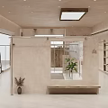 Minimalist Modern Clothing Store Interior With Reception Desk Large Screen And Curtains