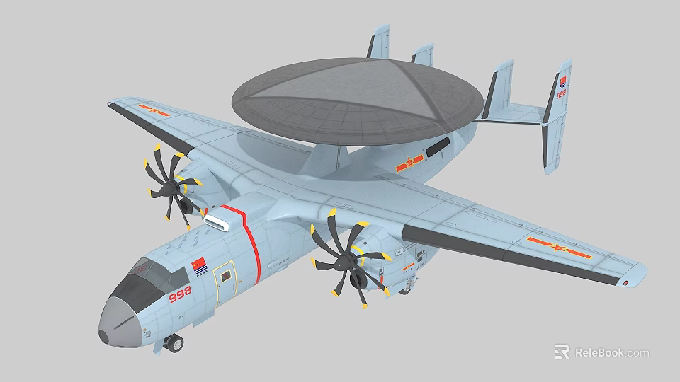 Fighter Jet With Large Radar Dome Four Propellers Light Blue Fuselage Red Wing Markings 3d model 