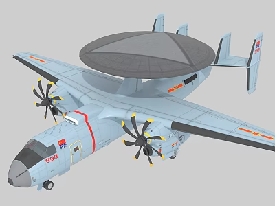 Fighter Jet With Large Radar Dome Four Propellers Light Blue Fuselage Red Wing Markings 3d model
