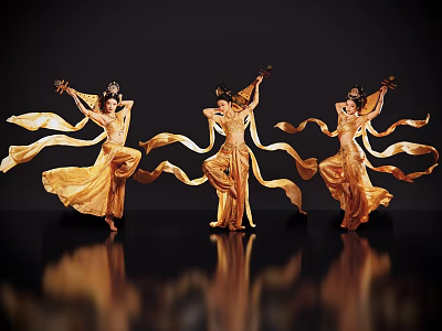 Three Female Dancers With Elaborate Headpieces In Golden Costumes Dancing With Flowing Ribbons 3d model