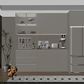 Modern White Kitchen Sideboard With Glass Door Cabinets Refrigerator And Decorative Plants