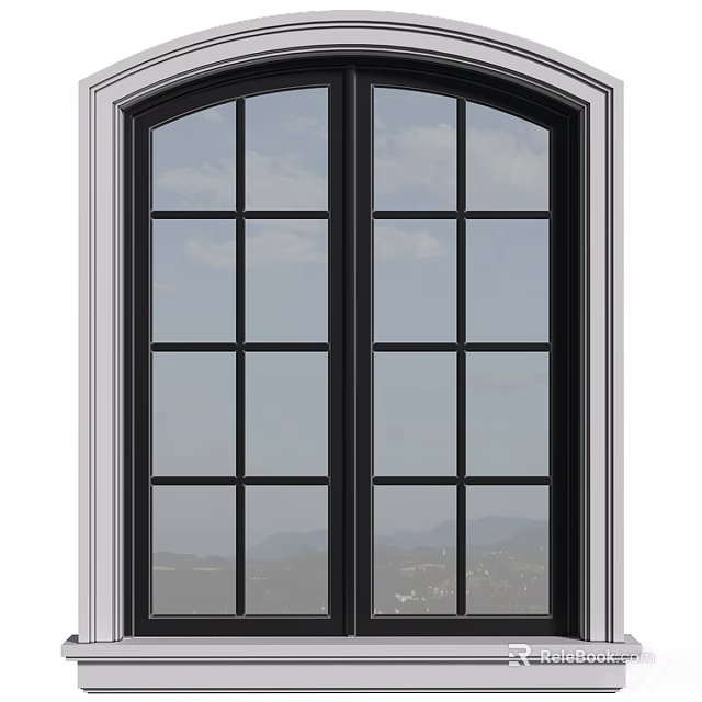 Classic French Window With Black Frame Grid Design And Mountain View 3d model 