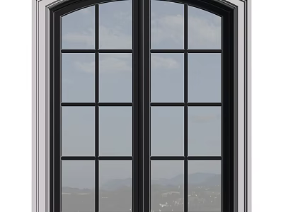 Classic French Window With Black Frame Grid Design And Mountain View 3d model