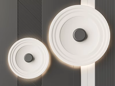 White Concentric Circle Wall Decor With Gray Button On Dark Striped Wall And Lighting Effect 3d model
