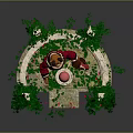 Game Movie Characters on Stone Pillar Platform with Green Vines Red Flowers