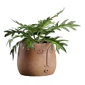 Potted Bonsai Plants in Face Designed Clay Pots on Metal Frame Stands with Wooden Tops