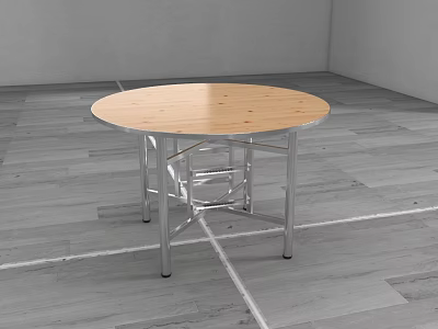 Round Dining Table With Wooden Tabletop And Metal Legs In Minimalist Interior With Gray Floor 3d model