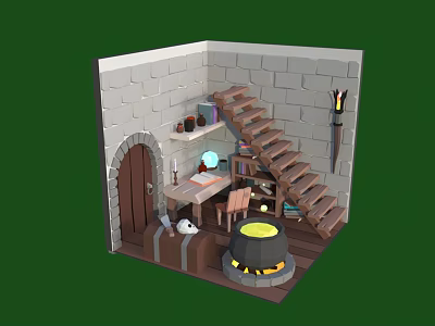 Cartoon Wizard Cottage Scene With Stone Walls Wooden Staircase Burning Cauldron And Bookshelf 3d model