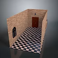 Vintage Room Interior With Brick Walls Wooden Door Arched Window And Checkered Floor