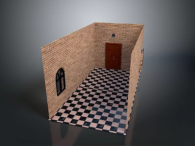 Vintage Room Interior With Brick Walls Wooden Door Arched Window And Checkered Floor 3d model