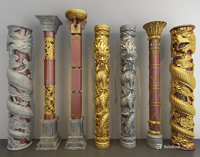 Decorative Carved Columns With Dragon Patterns In Gold Red And Gray Colors 3d model 