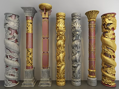 Decorative Carved Columns With Dragon Patterns In Gold Red And Gray Colors 3d model