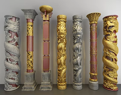 Decorative Carved Columns With Dragon Patterns In Gold Red And Gray Colors 3d model