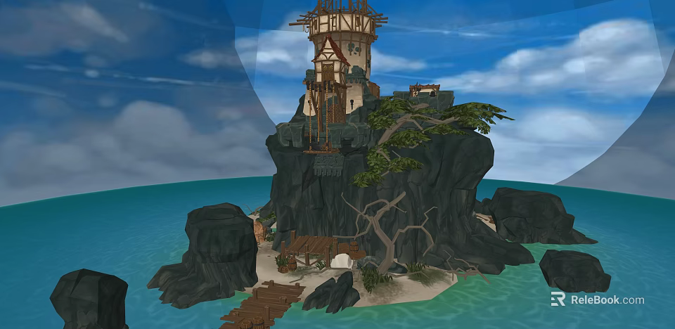 Scenic Coastal Island With Tower Building Rocks Trees And Wooden Walkway 3d model 