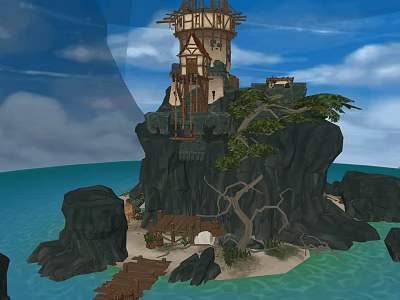 Scenic Coastal Island With Tower Building Rocks Trees And Wooden Walkway 3d model