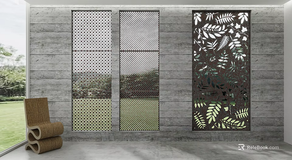 Gray Textured Background Wall With Three Laser Cut Decorative Panels Leaf And Geometric Patterns 3d model