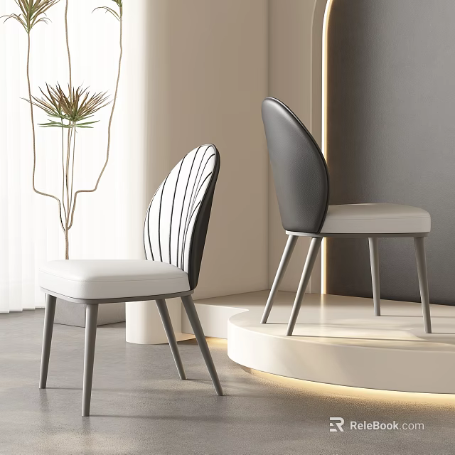 Modern Dining Chairs With Striped And Solid Black Backrests White Seats Gray Metal Legs 3d model 