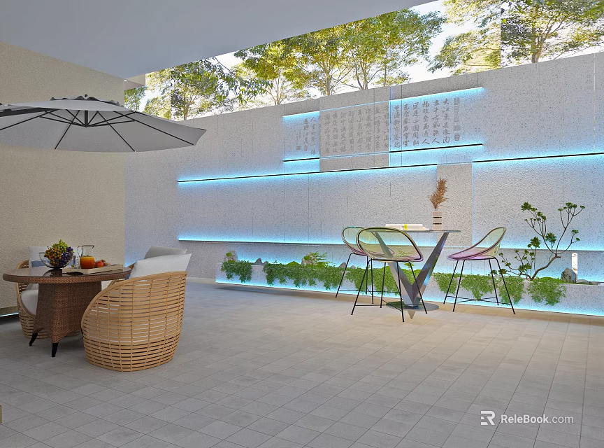 Outdoor Patio With Wicker Chairs Colorful Seating Umbrella Fruits Lit Decorative Wall And Green Plants 3d model 