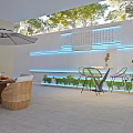 Outdoor Patio With Wicker Chairs Colorful Seating Umbrella Fruits Lit Decorative Wall And Green Plants