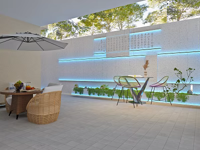 Outdoor Patio With Wicker Chairs Colorful Seating Umbrella Fruits Lit Decorative Wall And Green Plants 3d model