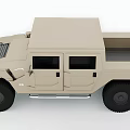 Beige Hummer Off Road Vehicle With Large Tires And Tough Front Grille Design