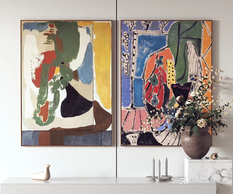 Two Abstract Paintings Wall Art With Vase Flowers And White Shelf Candles 3d model 