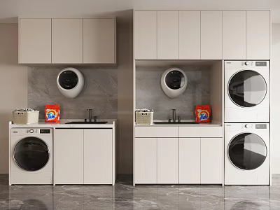 Modern White Bathroom Cabinetry With Washing Machine Dryer Sink And Storage 3d model