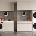 Modern White Bathroom Cabinetry With Washing Machine Dryer Sink And Storage