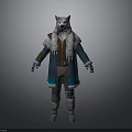 Man In Wolf Head Costume With Blue Coat White Fur Brown Belt And Gray Pants