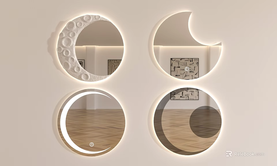 Four Circular Decorative Mirrors With Various Designs For Modern Interior Decor 3d model 