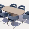 Modern Light Colored Oval Dining Table Set With Six Blue Chairs And Black Legs 3d model