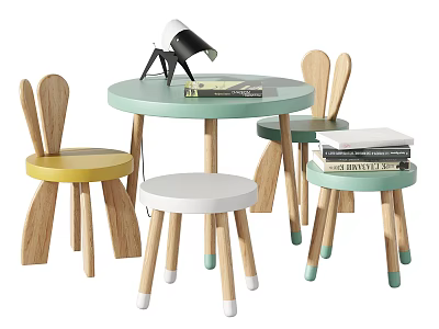 Round Wooden Kids Table with Rabbit Ear Chairs Colorful Seats and Study Lamp Books 3d model